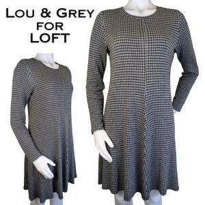 Lou & Gray Loft Swing Dress Small Black White Plaid Ponte Knit Long Sleeve Flowy